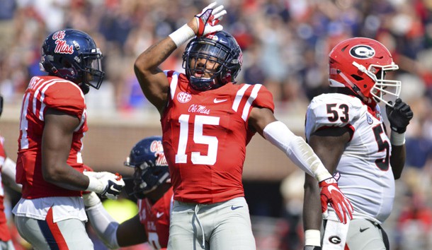 Sep 24, 2016; Oxford, MS, USA; Mississippi Rebels defensive back Myles Hartsfield (15) makes the Landshark sign after a play during the second quarter of the game against the Georgia Bulldogs at Vaught-Hemingway Stadium. Photo Credit: Matt Bush-USA TODAY Sports