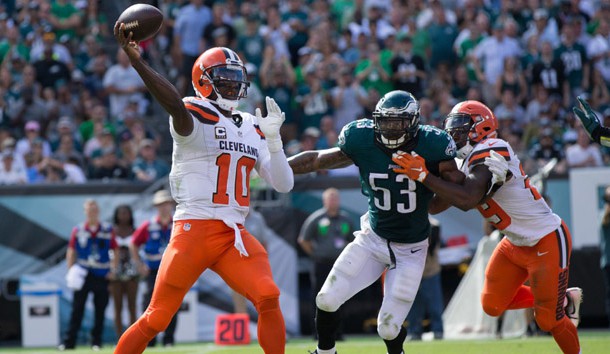 Sep 11, 2016; Philadelphia, PA, USA; Cleveland Browns quarterback Robert Griffin III (10) passes in front of the rush attempt of Philadelphia Eagles linebacker Nigel Bradham (53) during the second half at Lincoln Financial Field. The Philadelphia Eagles won 29-10. Photo Credit: Bill Streicher-USA TODAY Sports