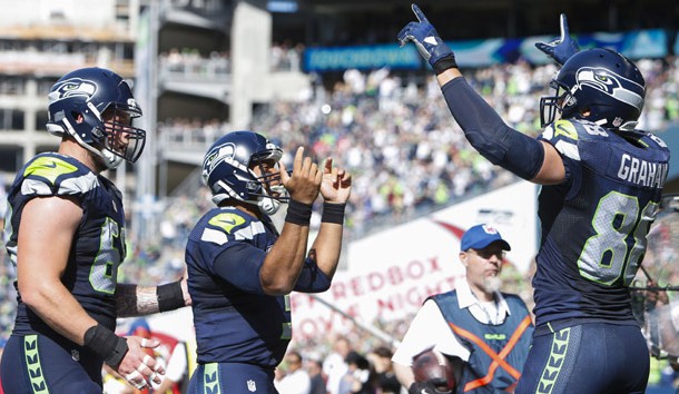 Sep 25, 2016; Seattle, WA, USA; Seattle Seahawks tight end Jimmy Graham (88) celebrates his touchdown reception against the San Francisco 49ers with quarterback Russell Wilson (3) during the second quarter at CenturyLink Field. Seattle Seahawks center Justin Britt (68) is at left. Photo Credit: Joe Nicholson-USA TODAY Sports