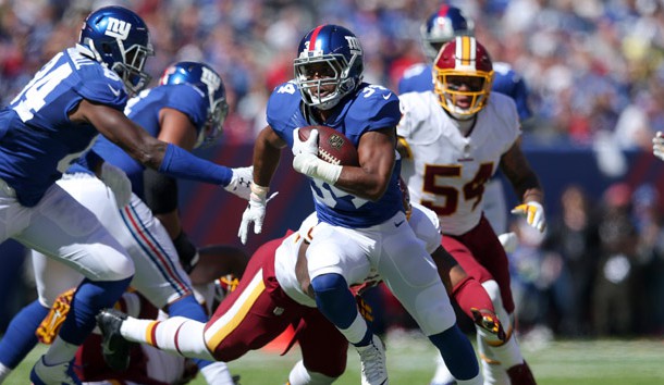 Sep 25, 2016; East Rutherford, NJ, USA; New York Giants running back Shane Vereen (34) carries the ball against the Washington Redskins during the first quarter at MetLife Stadium. Photo Credit: Brad Penner-USA TODAY Sports