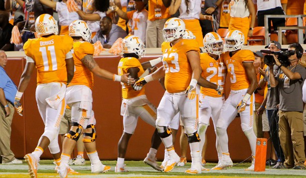 Sep 1, 2016; Knoxville, TN, USA; Tennessee Volunteers wide receiver Josh Malone (3) is congratulated by teammates after scoring a touchdown against the Appalachian State Mountaineers during the second half at Neyland Stadium. Tennessee won in overtime 20 to 13. Photo Credit: Randy Sartin-USA TODAY Sports