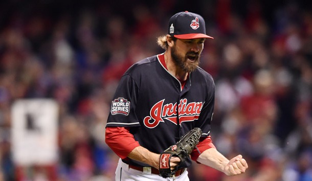 Oct 25, 2016; Cleveland, OH, USA; Cleveland Indians relief pitcher Andrew Miller reacts after striking out Chicago Cubs catcher David Ross (not pictured) to end the top of the 7th inning in game one of the 2016 World Series at Progressive Field. Photo Credit: Ken Blaze-USA TODAY Sports