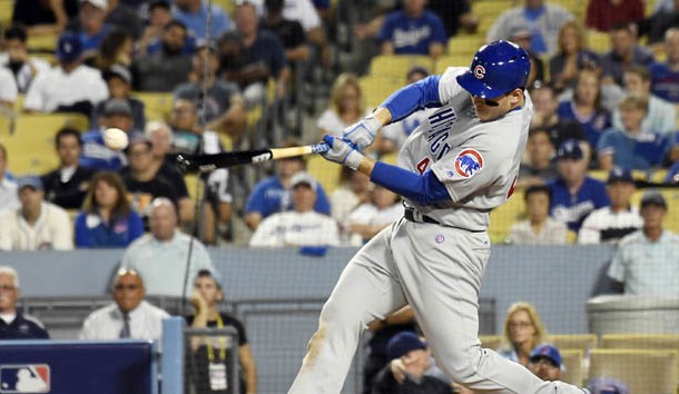 Oct 19, 2016; Los Angeles, CA, USA; Chicago Cubs first baseman Anthony Rizzo hits a single against the Los Angeles Dodgers in the 8th inning during game four of the 2016 NLCS playoff baseball series at Dodger Stadium. Photo Credit: Richard Mackson-USA TODAY Sports