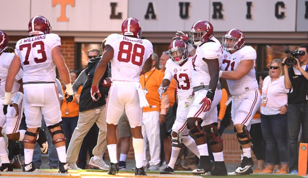 Oct 15, 2016; Knoxville, TN, USA;  Alabama Crimson Tide wide receiver ArDarius Stewart (13) carries for a touchdown against the Tennessee Volunteers during the first quarter at Neyland Stadium. Photo Credit: John David Mercer-USA TODAY Sports