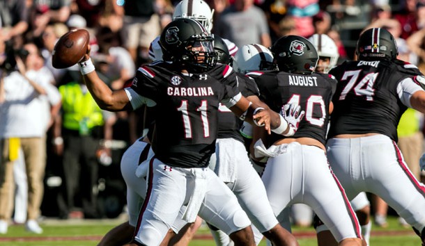 Oct 1, 2016; Columbia, SC, USA; South Carolina Gamecocks quarterback Brandon McIlwain (11) passes against the Texas A&M Aggies at Williams-Brice Stadium. Photo Credit: Jeff Blake-USA TODAY Sports