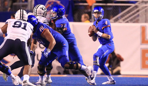 Oct 20, 2016; Boise, ID, USA; Boise State Broncos quarterback Brett Rypien (4) looks for an open receiver during first half action against the Brigham Young Cougars at Albertsons Stadium. Photo Credit: Brian Losness-USA TODAY Sports