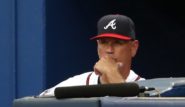 May 31, 2016; Atlanta, GA, USA; Atlanta Braves interim manager Brian Snitker (43) watches from the dugout in the fourth inning of their game against the San Francisco Giants at Turner Field. Photo Credit: Jason Getz-USA TODAY Sports