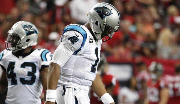 Oct 2, 2016; Atlanta, GA, USA; Carolina Panthers quarterback Cam Newton (1) reacts after a play in the third quarter of their game against the Atlanta Falcons at the Georgia Dome. The Falcons won 48-33. Photo Credit: Jason Getz-USA TODAY Sports