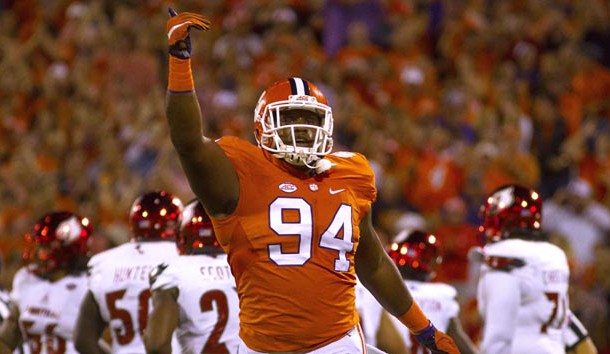Oct 1, 2016; Clemson, SC, USA; Clemson Tigers defensive tackle Carlos Watkins (94) reacts after the play during the first quarter against the Louisville Cardinals at Clemson Memorial Stadium. Photo Credit: Joshua S. Kelly-USA TODAY Sports