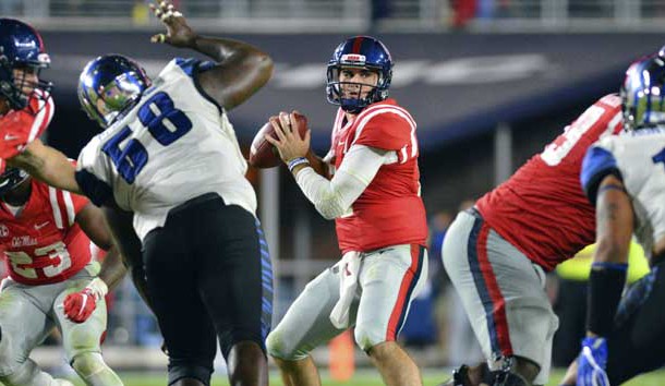 Oct 1, 2016; Oxford, MS, USA; Mississippi Rebels quarterback Chad Kelly (10) drops back in the pocket during the fourth quarter of the game against the Memphis Tigers at Vaught-Hemingway Stadium. Mississippi won 48-28.  Photo Credit: Matt Bush-USA TODAY Sports