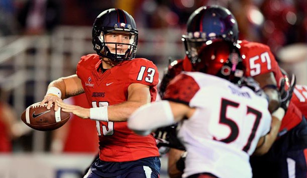 Oct 1, 2016; Mobile, AL, USA; South Alabama Jaguars quarterback Cole Garvin (13) drops back to pass against the San Diego State Aztecs in the first quarter at Ladd-Peebles Stadium. Photo Credit: