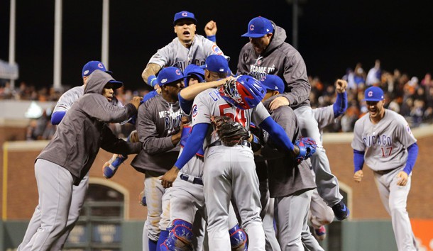 Oct 11, 2016; San Francisco, CA, USA; The Chicago Cubs celebrate after defeating the San Francisco Giants in game four of the 2016 NLDS playoff baseball game at AT&T Park. Photo Credit: John Hefti-USA TODAY Sports