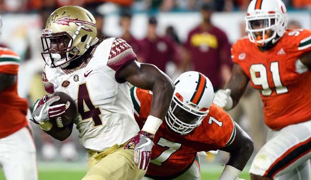 Oct 8, 2016; Miami Gardens, FL, USA; Florida State Seminoles running back Dalvin Cook (4) carries the ball during the first half against Miami Hurricanes at Hard Rock Stadium. Photo Credit: Steve Mitchell-USA TODAY Sports