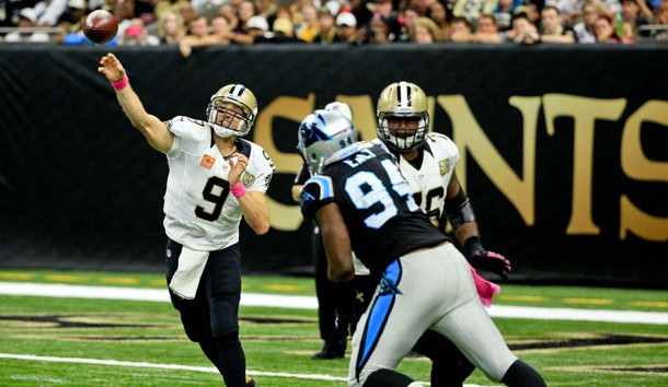 Oct 16, 2016; New Orleans, LA, USA; New Orleans Saints quarterback Drew Brees (9) throws against the Carolina Panthers during the fourth quarter of a game at the Mercedes-Benz Superdome. The Saints defeated the Panthers 41-38. Photo Credit: Derick E. Hingle-USA TODAY Sports