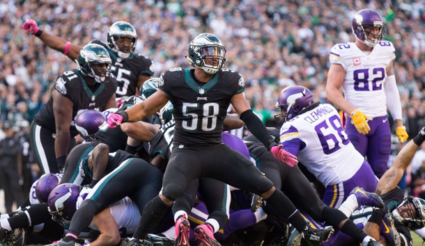 Oct 23, 2016; Philadelphia, PA, USA; Philadelphia Eagles middle linebacker Jordan Hicks (58) reacts to a goal line stand against the Minnesota Vikings during the second half at Lincoln Financial Field. The Philadelphia Eagles won 21-10. Photo Credit: Bill Streicher-USA TODAY Sports