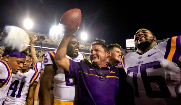 Oct 1, 2016; Baton Rouge, LA, USA;  LSU Tigers interim head coach Ed Orgeron celebrates following a win in his first game against the Missouri Tigers at Tiger Stadium. LSU defeated Missouri 42-7. Photo Credit: Derick E. Hingle-USA TODAY Sports