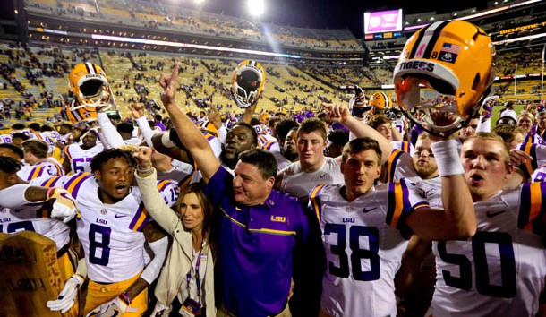 Oct 22, 2016; Baton Rouge, LA, USA; LSU Tigers head coach Ed Orgeron celebrates with his team following a win against the Mississippi Rebels in a game at Tiger Stadium. LSU defeated Mississippi 38-21. Photo Credit: Derick E. Hingle-USA TODAY Sports