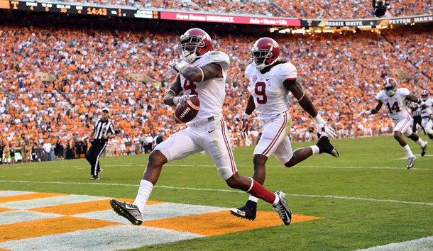 Oct 15, 2016; Knoxville, TN, USA;  Alabama Crimson Tide defensive back Eddie Jackson (4) returns a punt for a 79-yard touchdown against the Tennessee Volunteers during the fourth quarter at Neyland Stadium. Photo Credit: John David Mercer-USA TODAY Sports
