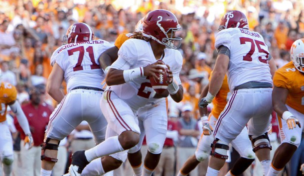 Oct 15, 2016; Knoxville, TN, USA; Alabama Crimson Tide quarterback Jalen Hurts (2) drops back to pass during the first half against the Tennessee Volunteers at Neyland Stadium. Mandatory Credit: Randy Sartin-USA TODAY Sports