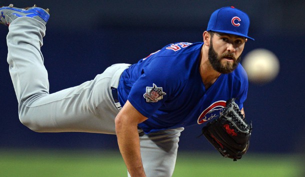 Jake Arrieta (49) takes the mound for the Cubs in Game 3 of the NLCS. Photo Credit: Jake Roth-USA TODAY Sports
