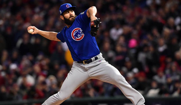 Oct 26, 2016; Cleveland, OH, USA; Chicago Cubs starting pitcher Jake Arrieta throws a pitch against the Cleveland Indians in the first inning in game two of the 2016 World Series at Progressive Field. Photo Credit: Ken Blaze-USA TODAY Sports
