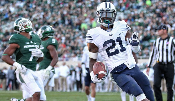 Oct 8, 2016; East Lansing, MI, USA;  Brigham Young Cougars running back Jamaal Williams (21) runs the ball for a touchdown during the second half of a game against the Michigan State Spartans at Spartan Stadium. Photo Credit: Mike Carter-USA TODAY Sports
