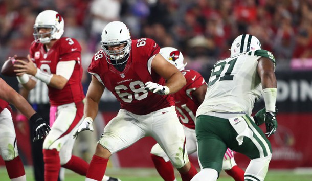 Oct 17, 2016; Glendale, AZ, USA; Arizona Cardinals offensive tackle Jared Veldheer (68) against the New York Jets at University of Phoenix Stadium. Photo Credit: Mark J. Rebilas-USA TODAY Sports