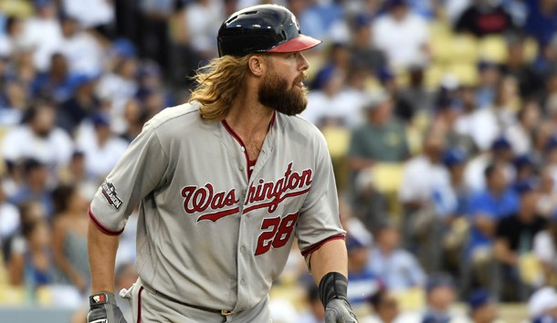 Oct 10, 2016; Los Angeles, CA, USA; Washington Nationals left fielder Jayson Werth (28) reacts after hitting a home run during the ninth inning against the Los Angeles Dodgers in game three of the 2016 NLDS playoff baseball series at Dodger Stadium. Photo Credit: Richard Mackson-USA TODAY Sports