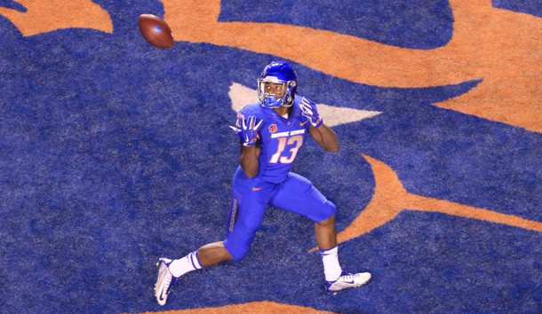 Oct 20, 2016; Boise, ID, USA; Boise State Broncos running back Jeremy McNichols (13) catches a touchdown pass during first half action against the Brigham Young Cougars at Albertsons Stadium. Photo Credit: Brian Losness-USA TODAY Sports