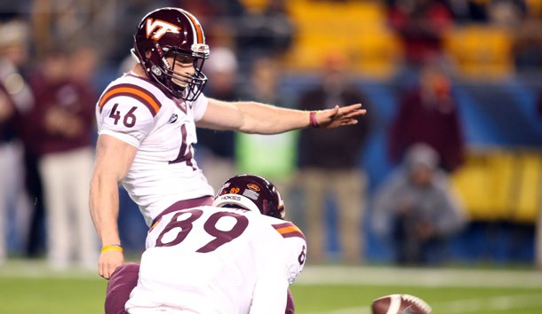 Oct 27, 2016; Pittsburgh, PA, USA;  Virginia Tech Hokies place kicker Joey Slye (46) kicks a field goal against the Pittsburgh Panthers during the first half at Heinz Field. Photo Credit: Charles LeClaire-USA TODAY Sports