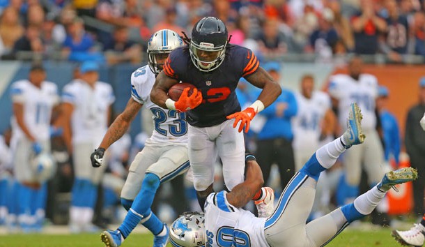 Oct 2, 2016; Chicago, IL, USA; Chicago Bears wide receiver Kevin White (13) is tackled by Detroit Lions cornerback Quandre Diggs (28) during the first half at Soldier Field. Photo Credit: Dennis Wierzbicki-USA TODAY Sports