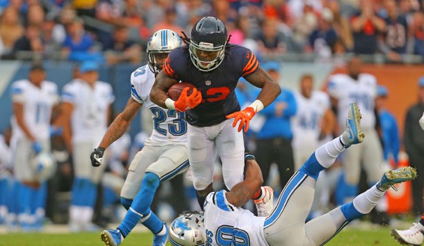 Oct 2, 2016; Chicago, IL, USA;  Chicago Bears wide receiver Kevin White (13) is tackled by Detroit Lions cornerback Quandre Diggs (28) during the first half at Soldier Field. Photo Credit: Dennis Wierzbicki-USA TODAY Sports