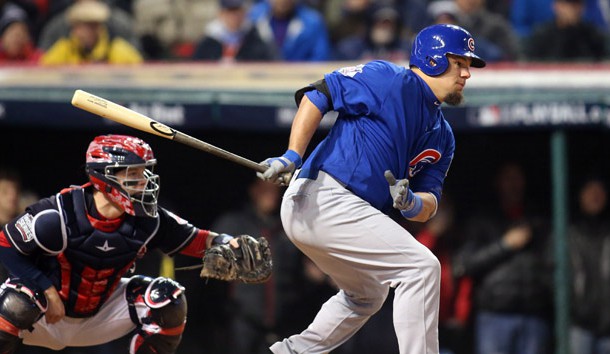Oct 26, 2016; Cleveland, OH, USA; Chicago Cubs player Kyle Schwarber hits  a RBI single against the Cleveland Indians in the 5th inning in game two of the 2016 World Series at Progressive Field. Photo Credit: Charles LeClaire-USA TODAY Sports