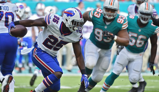 Oct 23, 2016; Miami Gardens, FL, USA; Buffalo Bills running back LeSean McCoy (25) runs the ball against the Miami Dolphins during the second half at Hard Rock Stadium. The Miami Dolphins defeat the Buffalo Bills 28-25. Photo Credit: Jasen Vinlove-USA TODAY Sports