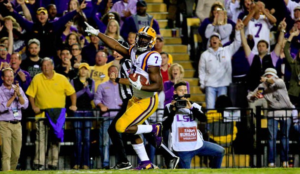 Oct 22, 2016; Baton Rouge, LA, USA; LSU Tigers running back Leonard Fournette (7) breaks loose for a touchdown run against the Mississippi Rebels during the third quarter of a game at Tiger Stadium. Photo Credit: Derick E. Hingle-USA TODAY Sports