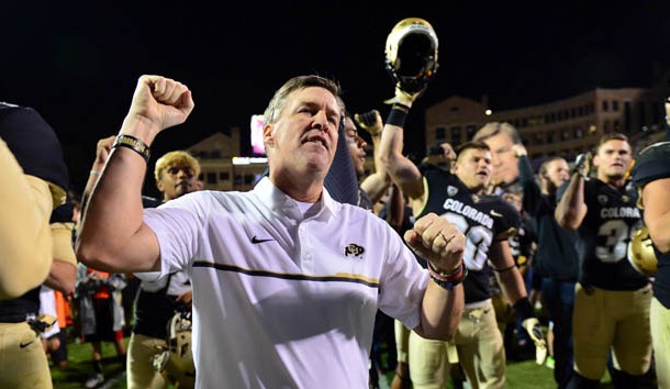 Oct 15, 2016; Boulder, CO, USA; Colorado Buffaloes head coach Mike MacIntyre celebrates the win over the Arizona State Sun Devils at Folsom Field. The Buffaloes defeated the Sun Devils 40-16. Photo Credit: Ron Chenoy-USA TODAY Sports