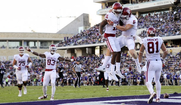 Oct 1, 2016; Fort Worth, TX, USA; Oklahoma Sooners wide receiver Dede Westbrook (11) celebrates with quarterback Baker Mayfield (6) after catching a touchdown pass during the first half against the TCU Horned Frogs at Amon G. Carter Stadium. Photo Credit: Kevin Jairaj-USA TODAY Sports