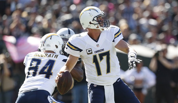 Oct 9, 2016; Oakland, CA, USA; San Diego Chargers quarterback Philip Rivers (17) prepares to throw a pass against the Oakland Raiders in the first quarter at Oakland Coliseum. Photo Credit: Cary Edmondson-USA TODAY Sports