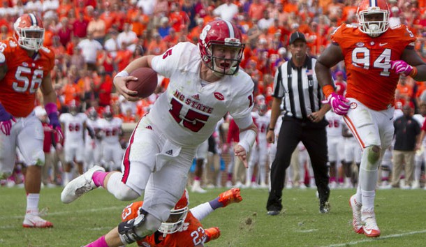 Oct 15, 2016; Clemson, SC, USA; North Carolina State Wolfpack quarterback Ryan Finley (15) carries the ball during the second half against the Clemson Tigers at Clemson Memorial Stadium. Photo Credit: Joshua S. Kelly-USA TODAY Sports