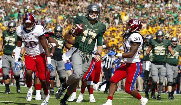 Oct 15, 2016; Waco, TX, USA; Baylor Bears quarterback Seth Russell (17) goes in for the 5-yard touch run against the Kansas Jayhawks during the first quarter at McLane Stadium. Photo Credit: Ray Carlin-USA TODAY Sports