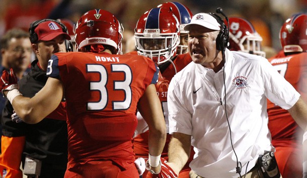 Oct 14, 2016; Fresno, CA, USA; Fresno State Bulldogs head coach Tim DeRuyter congratulates linebacker Josh Hokit (33) after the Bulldogs stopped the San Diego State Aztecs on fourth down in the first quarter at Bulldog Stadium. Photo Credit: Cary Edmondson-USA TODAY Sports