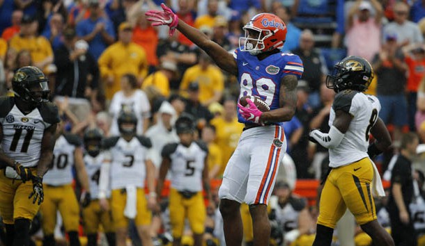 Oct 15, 2016; Gainesville, FL, USA; Florida Gators wide receiver Tyrie Cleveland (89) reacts after first down against the Missouri Tigers during the first quarter at Ben Hill Griffin Stadium. Photo Credit: Kim Klement-USA TODAY Sports