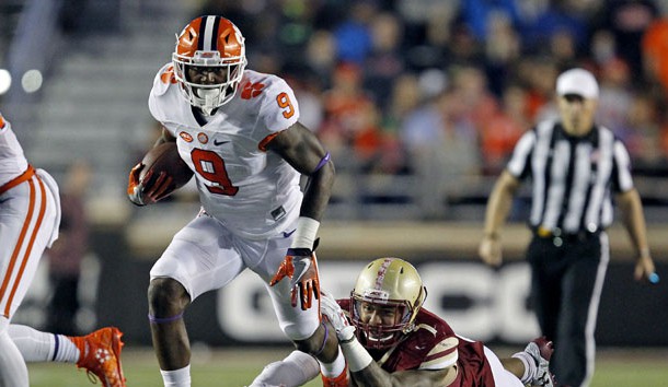 Oct 7, 2016; Boston, MA, USA; Boston College Eagles defensive end Harold Landry (7) fails to tackle Clemson Tigers running back Wayne Gallman (9) during the third quarter at Alumni Stadium. Photo Credit: Stew Milne-USA TODAY Sports