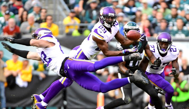 Oct 23, 2016; Philadelphia, PA, USA; Minnesota Vikings cornerback Xavier Rhodes (29) intercepts a pass during the first quarter against the Philadelphia Eagles at Lincoln Financial Field. Photo Credit: Eric Hartline-USA TODAY Sports