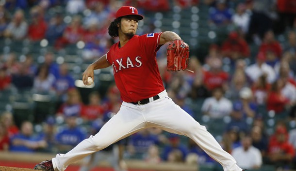Sep 30, 2016; Arlington, TX, USA; Texas Rangers starting pitcher Yu Darvish (11) throws a pitch in the first inning against the Tampa Bay Rays at Globe Life Park in Arlington. Photo Credit: Tim Heitman-USA TODAY Sports
