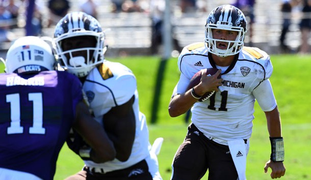 Sep 3, 2016; Evanston, IL, USA;  Western Michigan Broncos quarterback Zach Terrell (11) rushes the ball against the Northwestern Wildcats during the fourth quarter at Ryan Field. Western Michigan defeats Northwestern 22-21. Photo Credit: Mike DiNovo-USA TODAY Sports