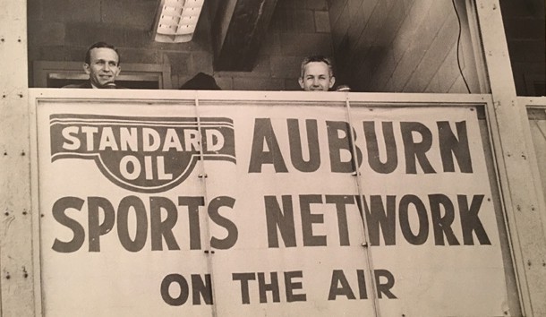 Charlie Davis (left) and Tom Hamlin (right) in Auburn's broadcast booth in 1957. 