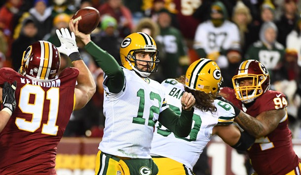 Nov 20, 2016; Landover, MD, USA; Green Bay Packers quarterback Aaron Rodgers (12) attempts a pass against the Washington Redskins during the second half at FedEx Field. Photo Credit: Brad Mills-USA TODAY Sports