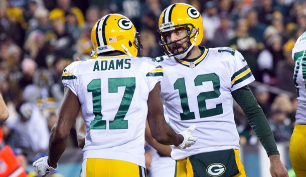 Nov 28, 2016; Philadelphia, PA, USA; Green Bay Packers quarterback Aaron Rodgers (12) congratulates wide receiver Davante Adams (17) after a touchdown against the Philadelphia Eagles during the first quarter at Lincoln Financial Field. Photo Credit: Bill Streicher-USA TODAY Sports