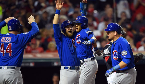 Nov 1, 2016; Cleveland, OH, USA; Chicago Cubs shortstop Addison Russell (27) celebrates with teammates Anthony Rizzo (44) , Kyle Schwarber (12) and Ben Zobrist (18) after hitting a grand slam against the Cleveland Indians in the third inning in game six of the 2016 World Series at Progressive Field. Photo Credit: Tommy Gilligan-USA TODAY Sports